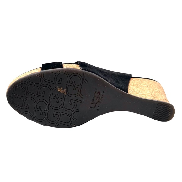 UGG HAZEL BLACK SUEDE & CORK WEDGE HEEL PLATFORM SANDALS - Picture 8 of 16